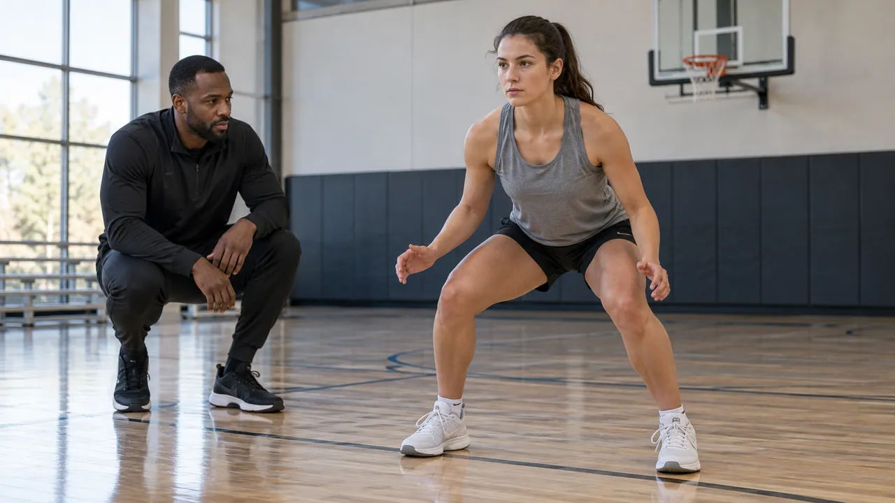 Coach observing a basketball player in a controlled two-foot athletic stance on an indoor court