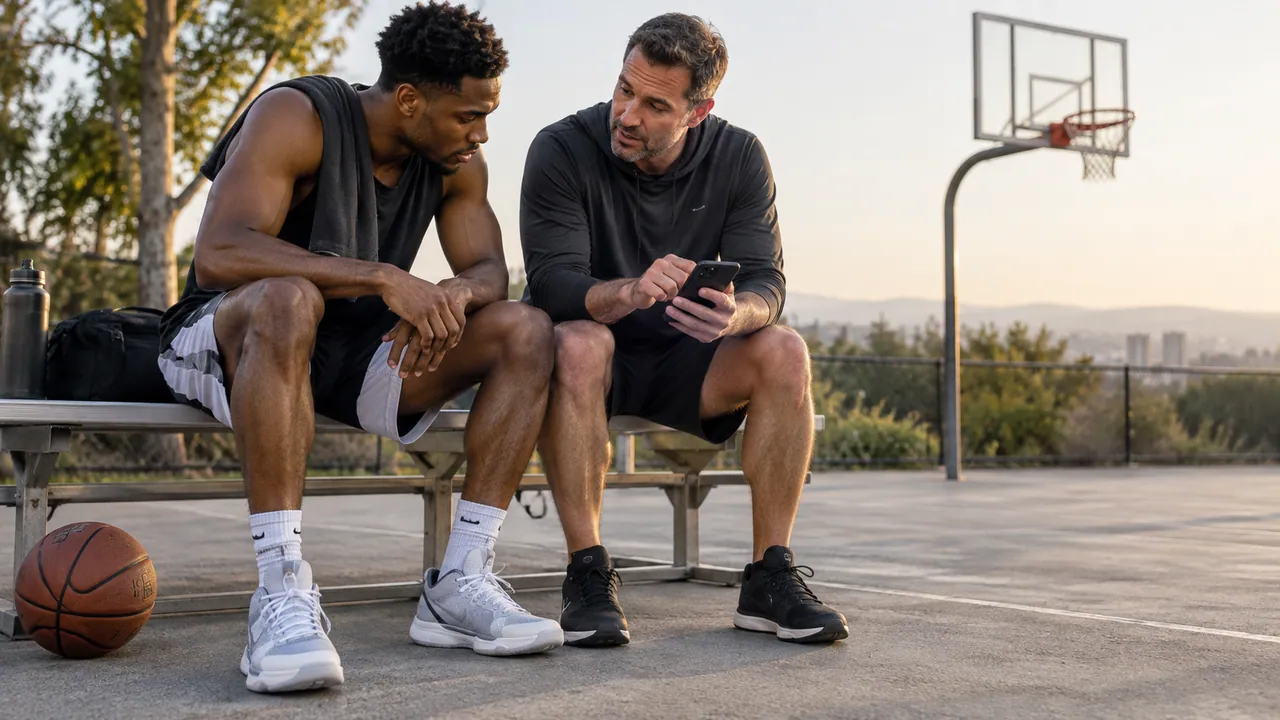 Basketball player and coach reviewing an existing phone recording while seated beside the court