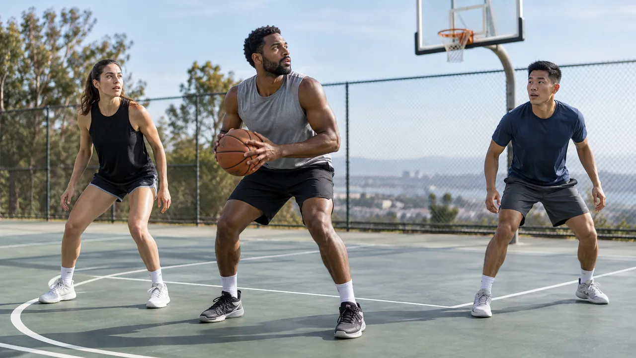 Three basketball players spaced apart during a controlled rebounding-position drill on an outdoor court