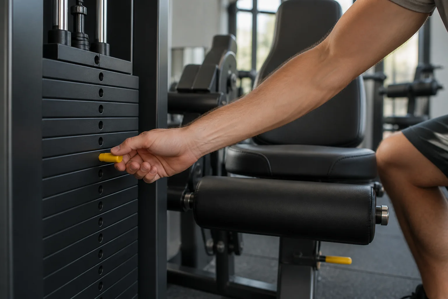 Gym user adjusting the selector pin on a leg-extension weight stack before a set