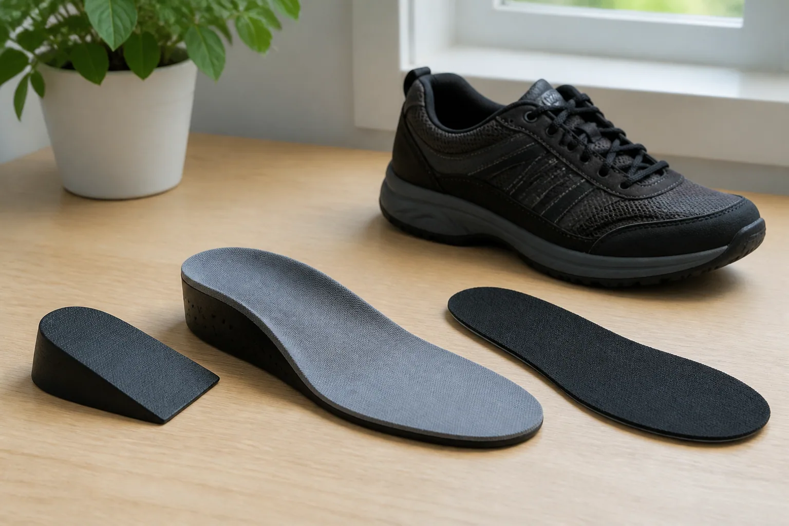Heel lift, full-length insole, and shoe displayed separately on a tabletop