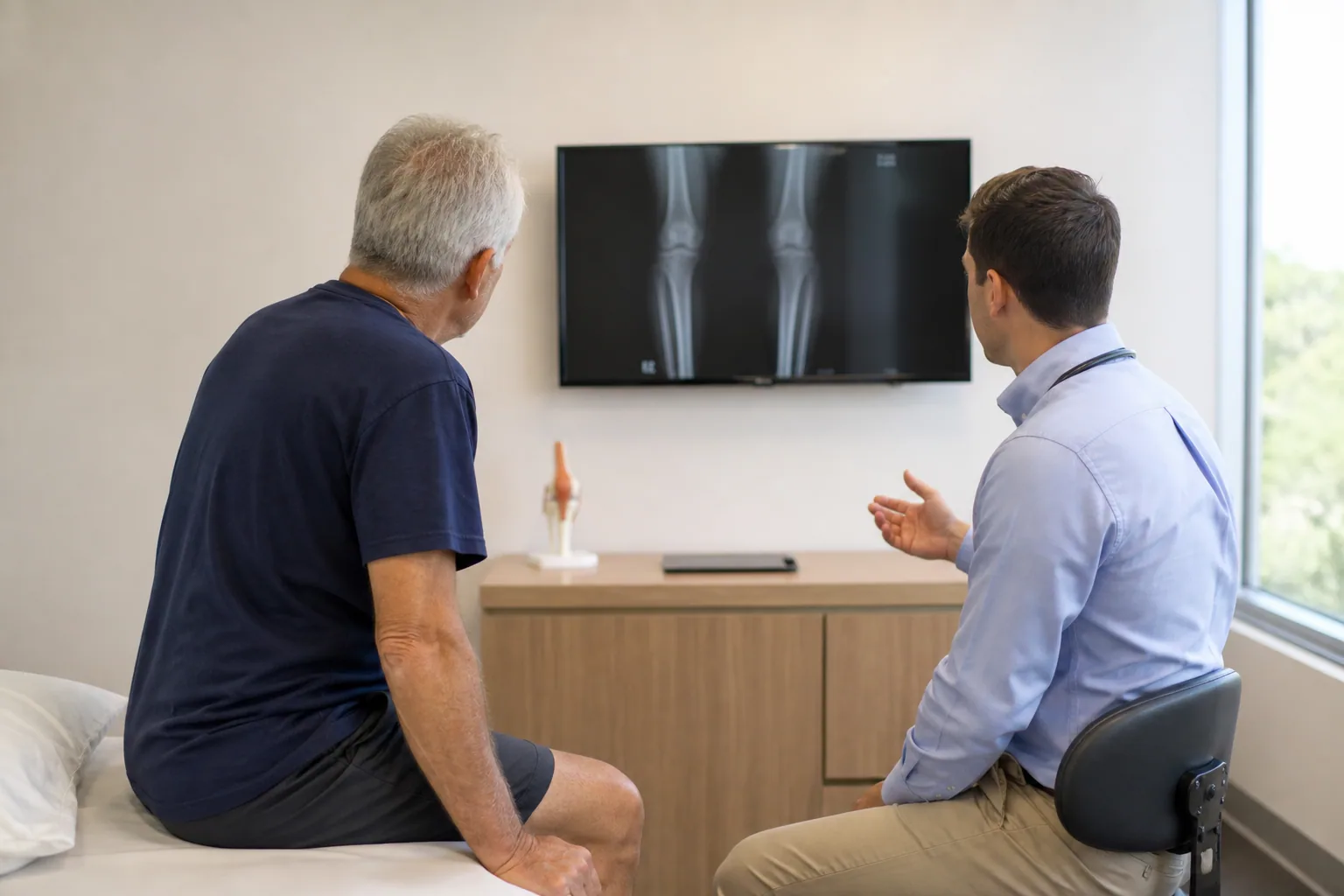 Clinician discussing lower-limb imaging with a patient during an assessment