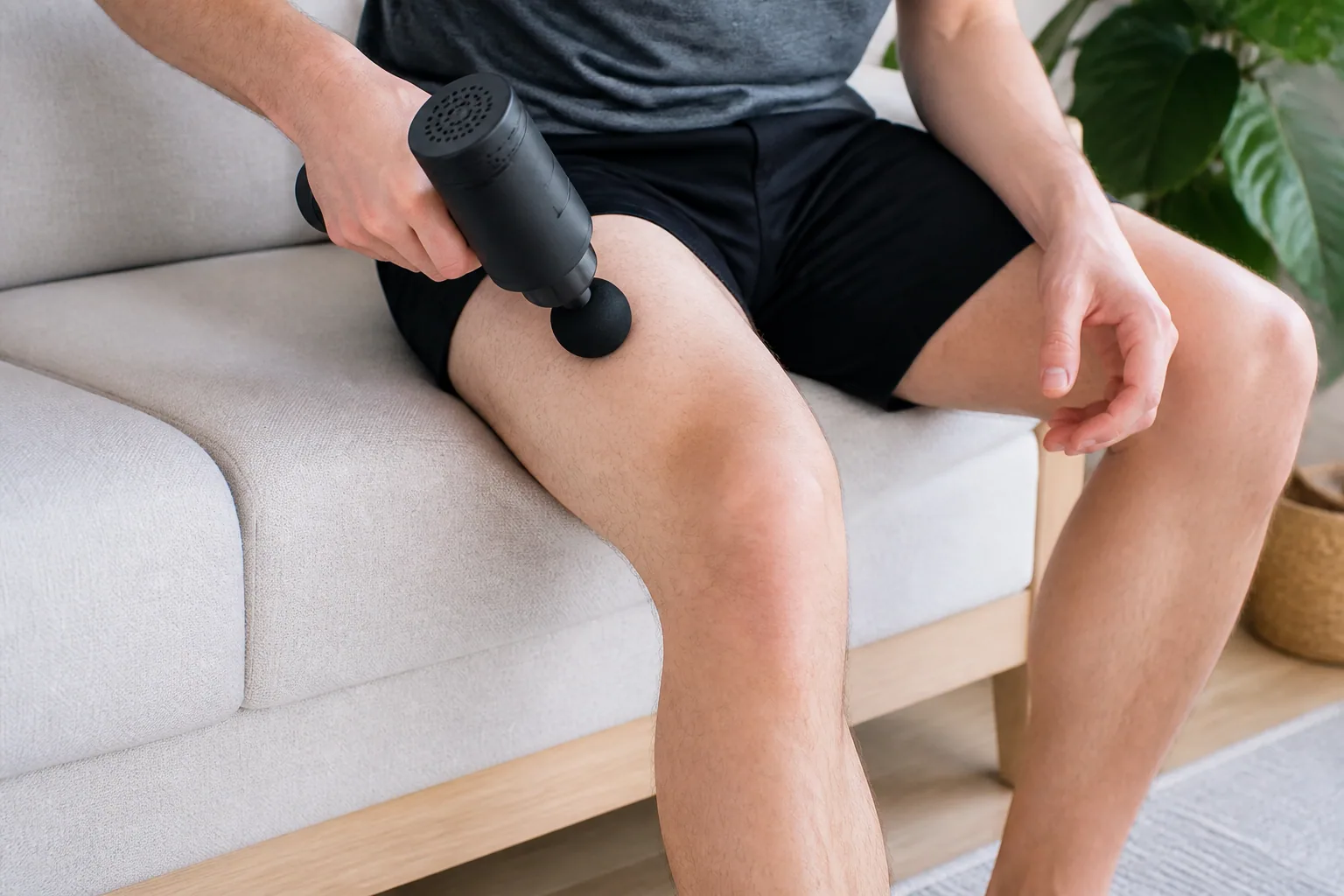 Rounded percussion attachment contacting the middle thigh muscle well above the kneecap