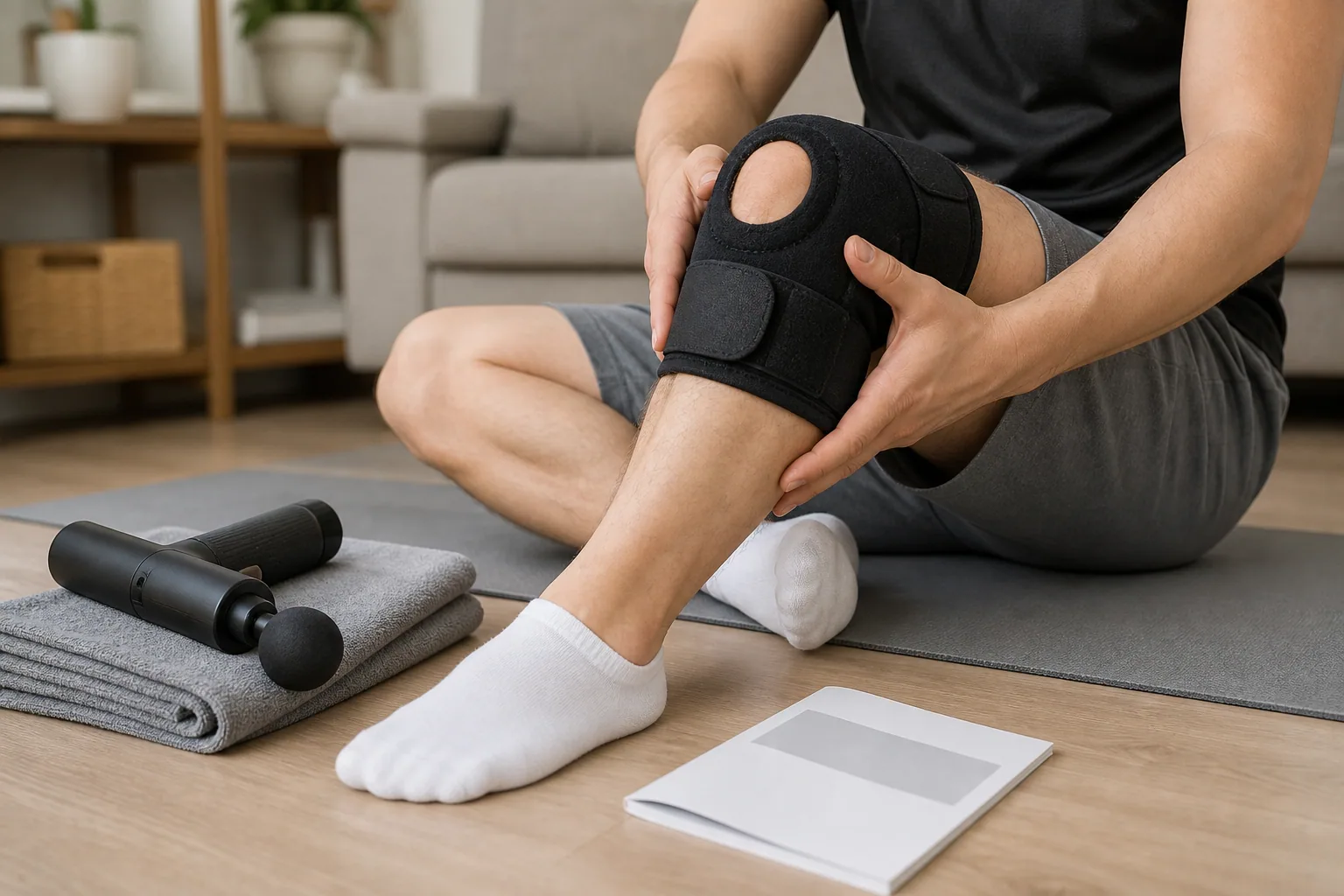 Unbranded percussion massage gun with a broad soft attachment beside its instruction booklet
