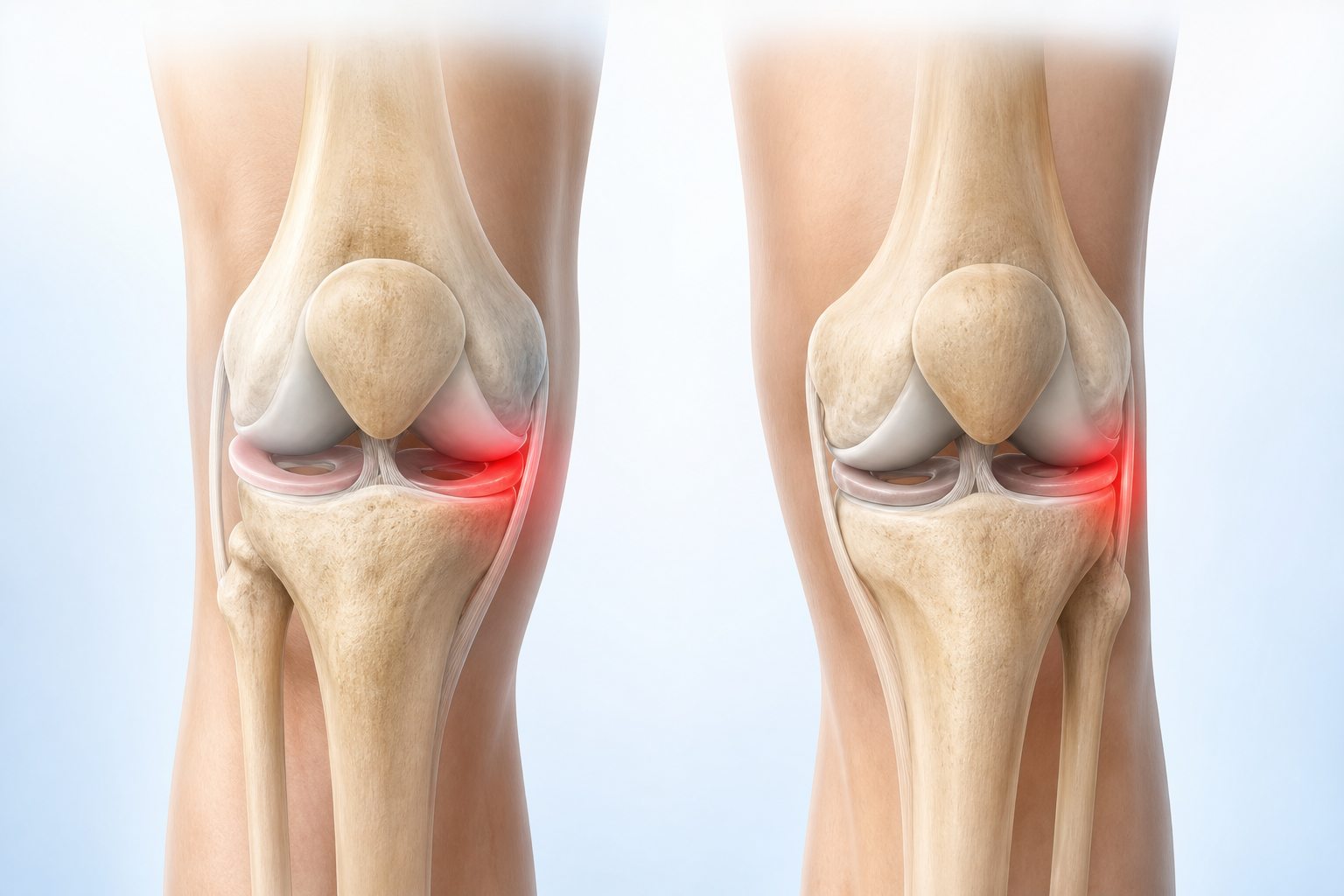 Medical illustration comparing the inner medial joint line and outer lateral joint line where meniscus symptoms may be felt