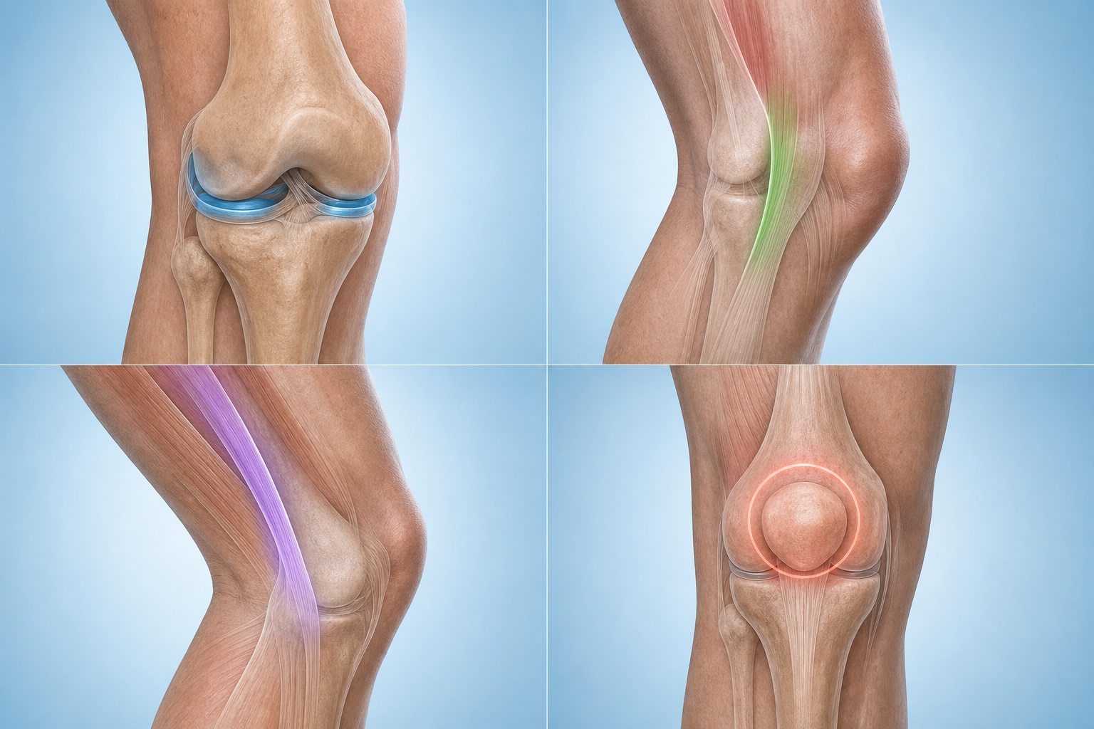 Four knee views comparing a meniscus joint-line pattern with MCL, IT band and patellofemoral pain regions