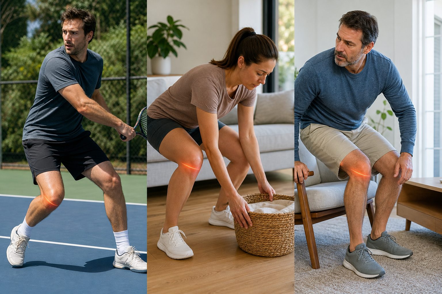 Three realistic movements that may expose a meniscus symptom pattern: pivoting, deep bending and rising after a twist