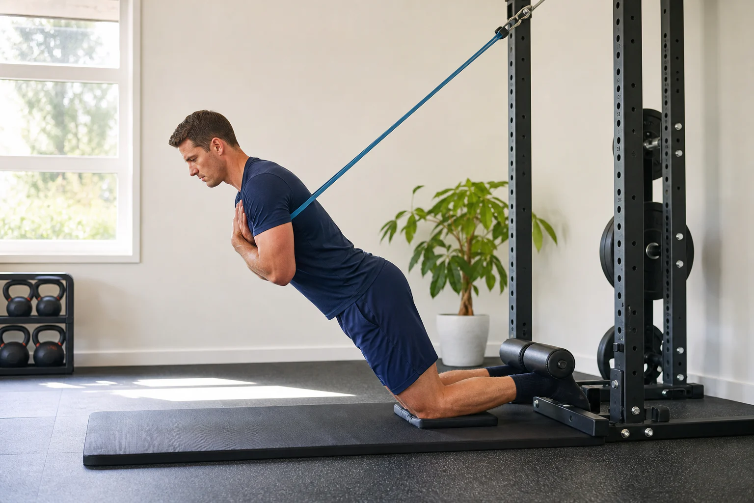 Assisted Nordic hamstring curl setup with padded knees, secured ankles, and a resistance band supporting the torso