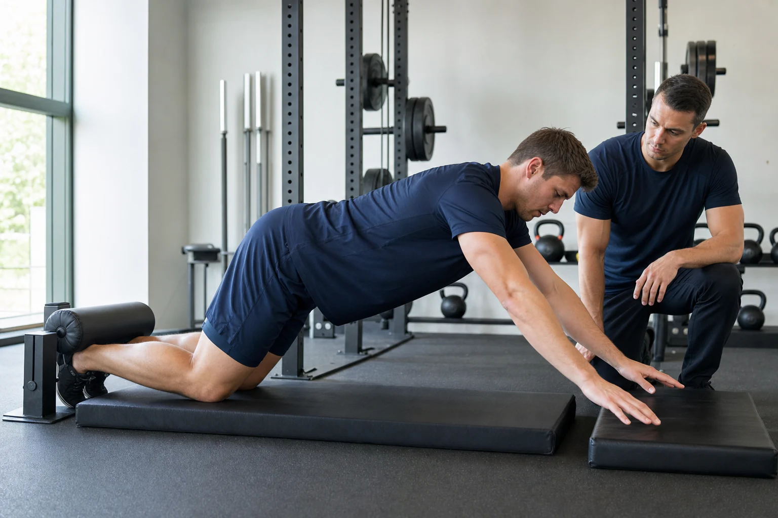 Coach guiding the controlled eccentric phase of a Nordic hamstring curl before the athlete catches with both hands