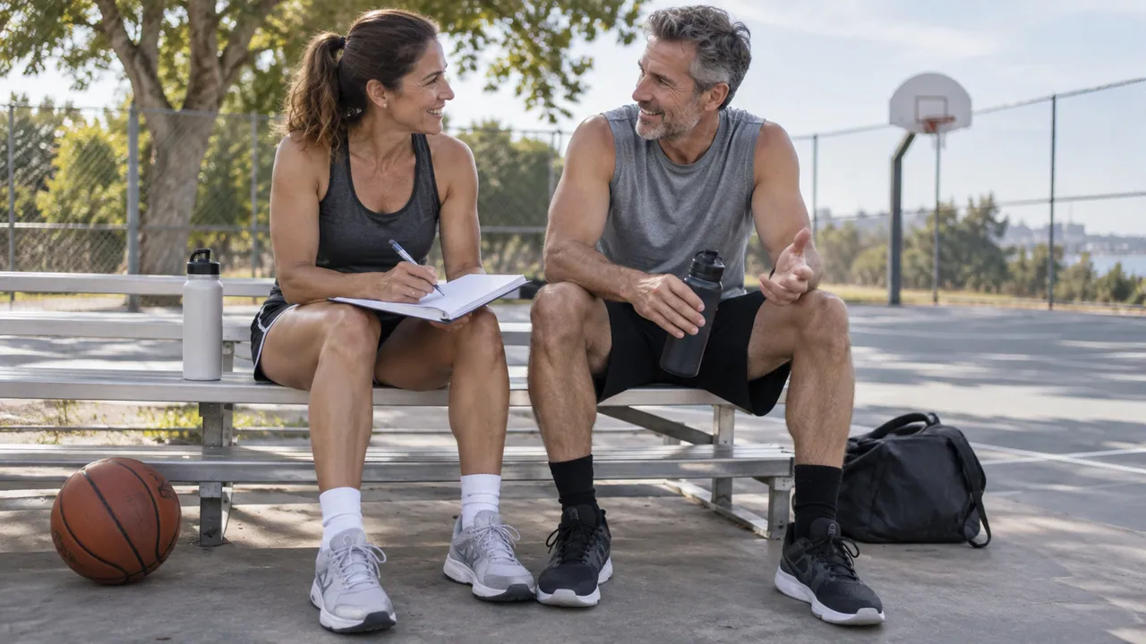 Two recreational basketball players discussing a written practice plan while seated beside an outdoor court