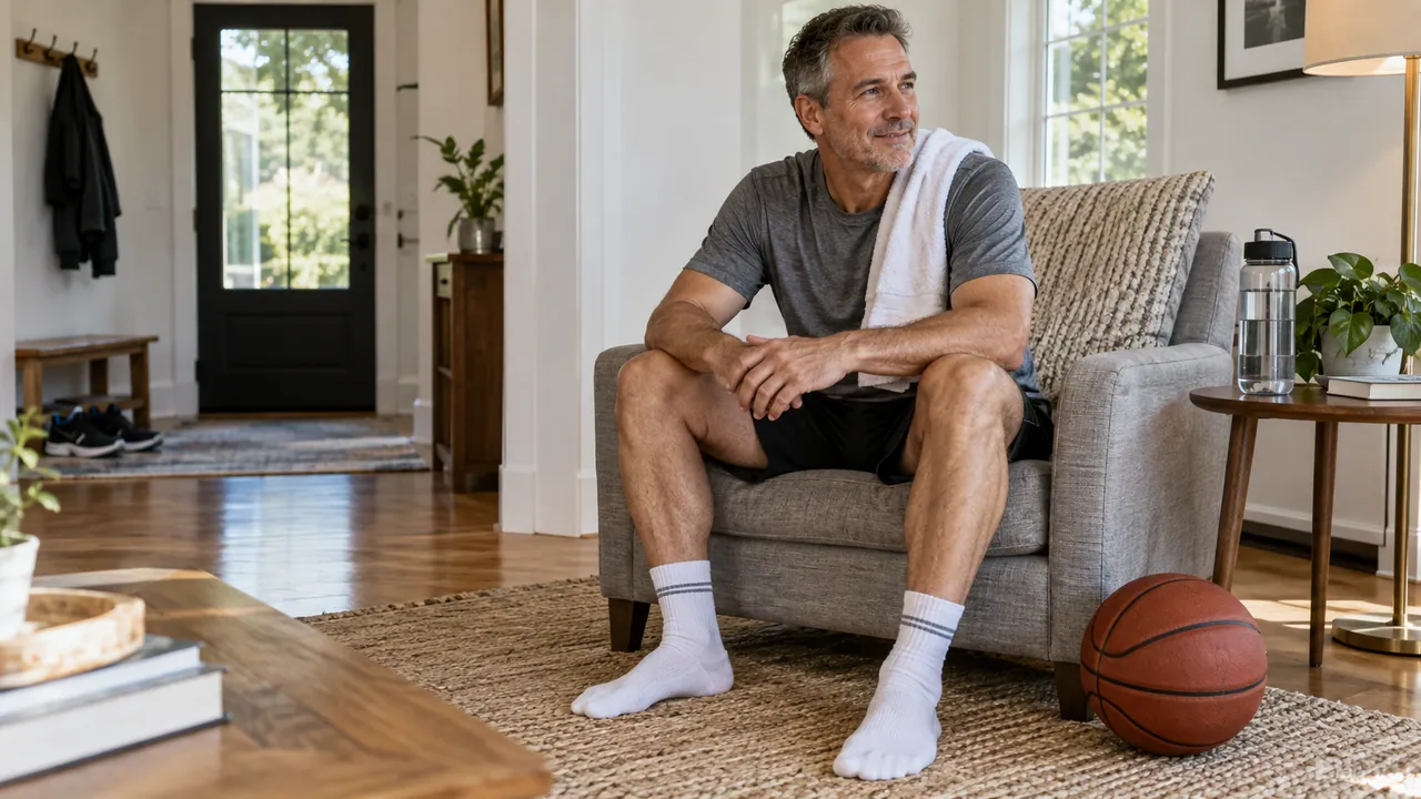 Basketball player resting at home after a game with water nearby and equipment put aside