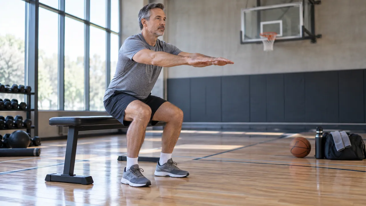 Recreational basketball player practicing a controlled squat toward a bench during strength preparation