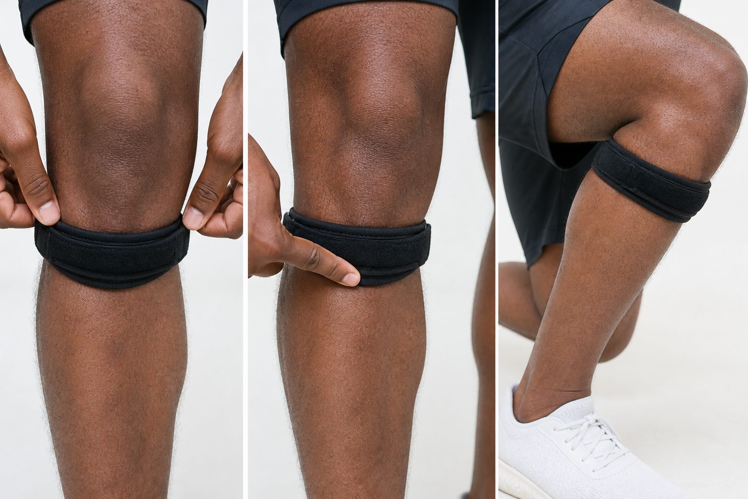 Close view of a correctly fitted patellar strap with space for a fingertip and no skin pinching