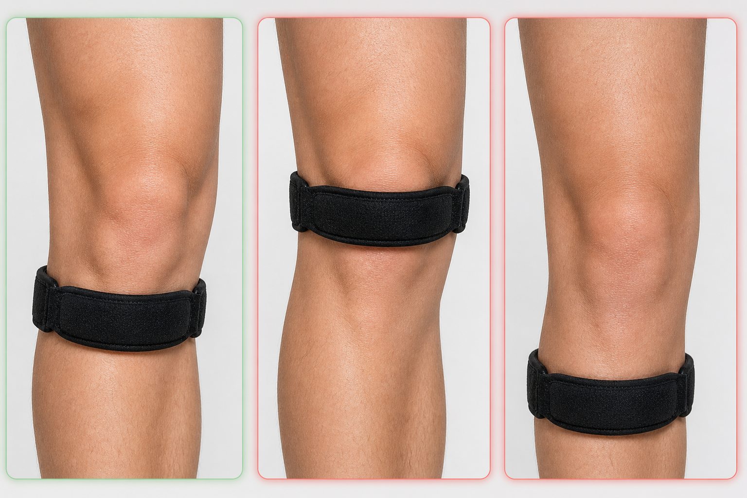 Athlete placing a narrow patellar tendon strap directly below the kneecap before activity
