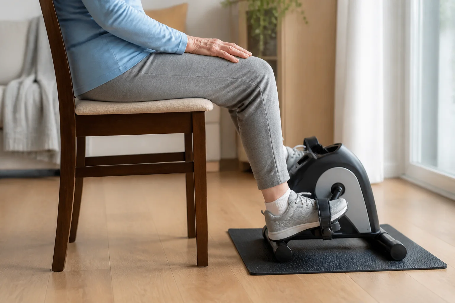An older adult seated on a firm chair with shoes secured on a mini pedal exerciser