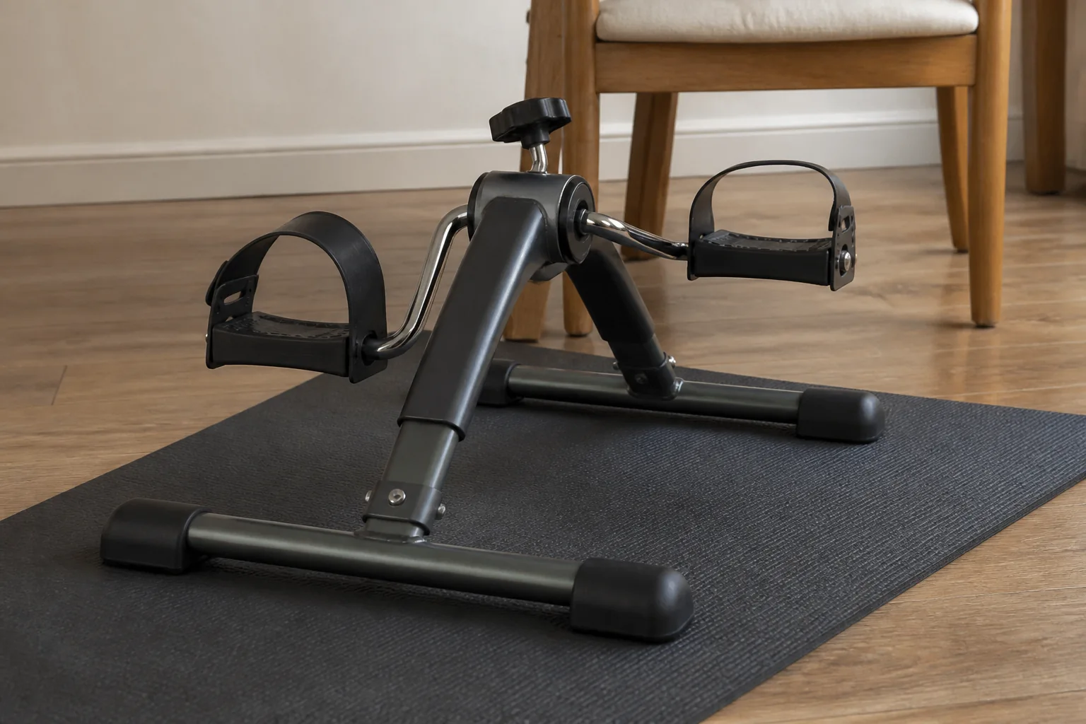 A portable pedal frame standing on a thin rubber mat beside a sturdy chair