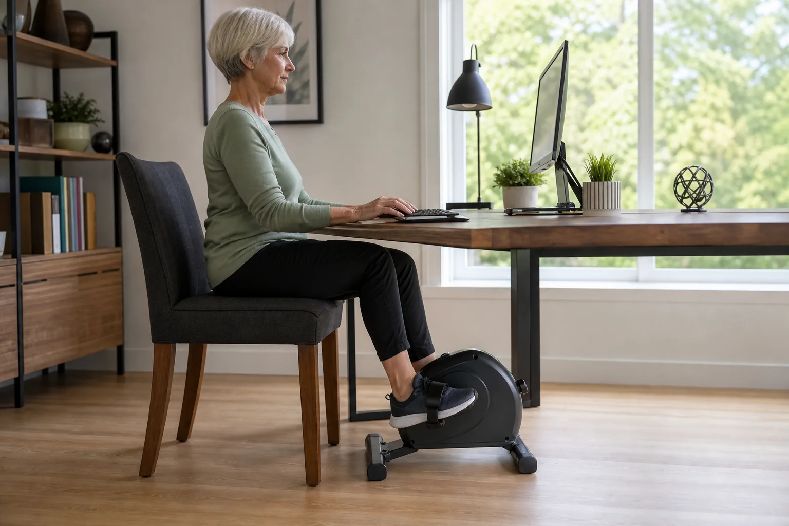 An older adult using a mini cycle beneath a spacious desk from a non-wheeled chair