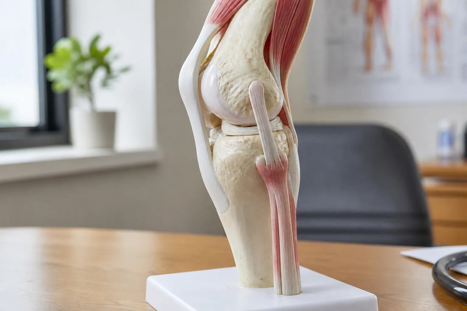 Clinical knee anatomy model showing the relationship between the joint and upper shin