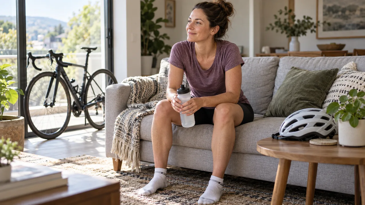 Recreational cyclist resting at home with water and helmet nearby after a ride