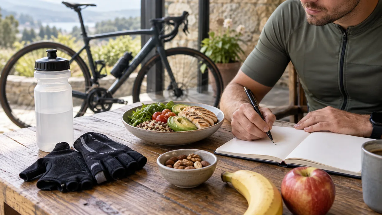 Cycling equipment, an ordinary meal and a notebook arranged after a ride