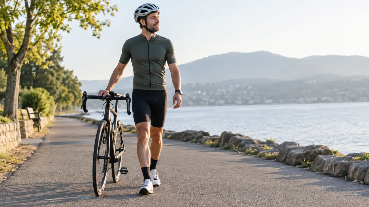 Helmeted cyclist walking beside a bicycle on a flat quiet path
