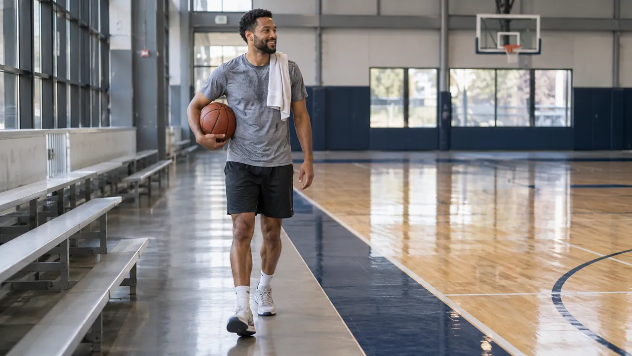 Adult player walking comfortably beside a basketball court after a light practice