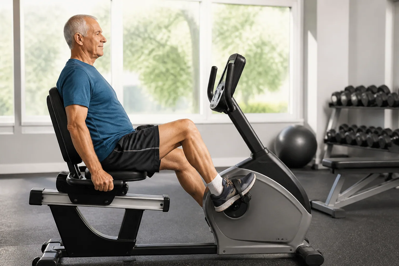 Older adult pedaling a recumbent exercise bike with back support and controlled forward pedal reach