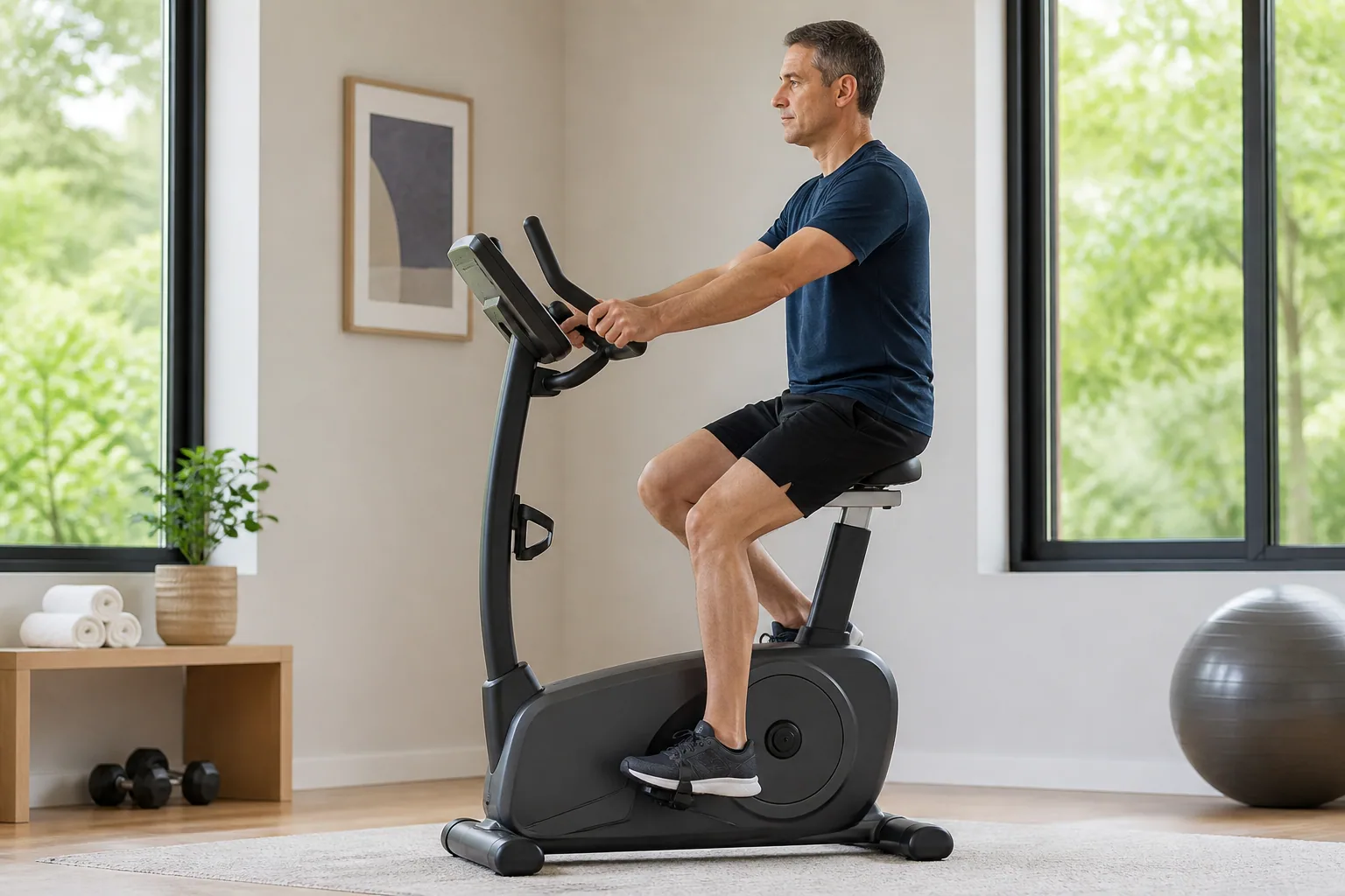 Adult seated on an upright stationary bicycle with relaxed reach and a controlled pedal position