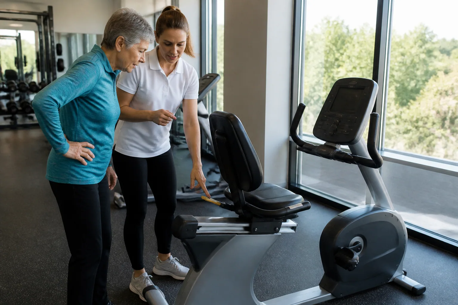 Gym staff explaining a recumbent bike seat adjustment and low entry path before use
