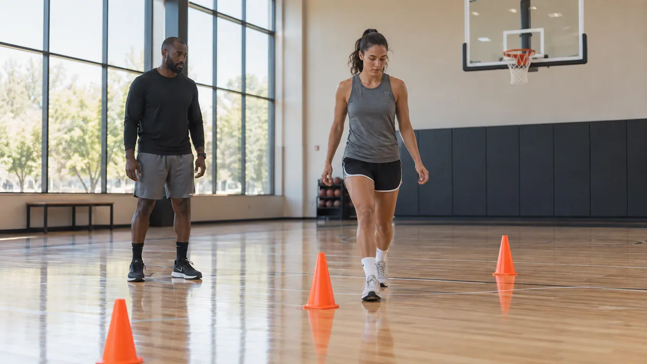 Coach observing a player following a planned route between cones during basketball return practice