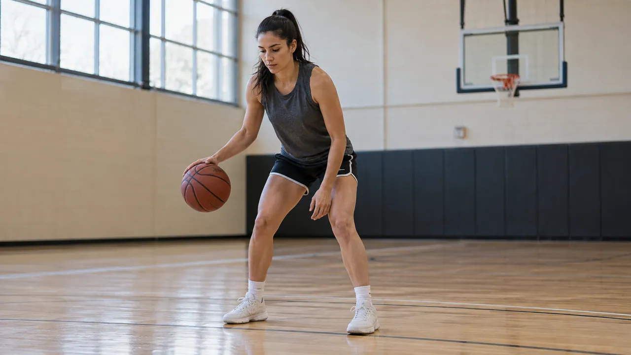 Basketball player practicing individual ball handling without defenders on a clear court