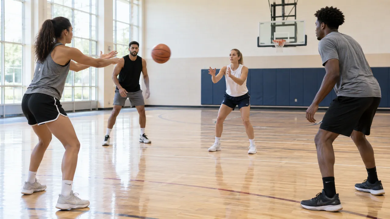 Basketball players practicing a controlled team passing drill with space between participants
