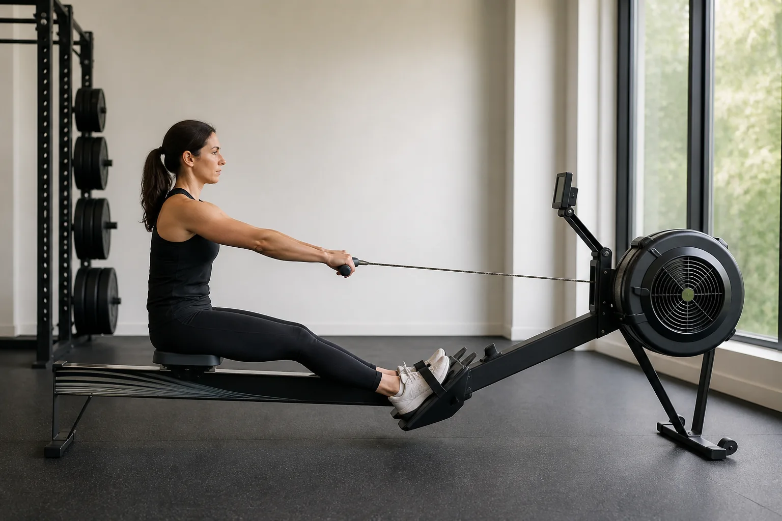 Rower in early recovery with arms extended and knees still low so the handle path stays clear