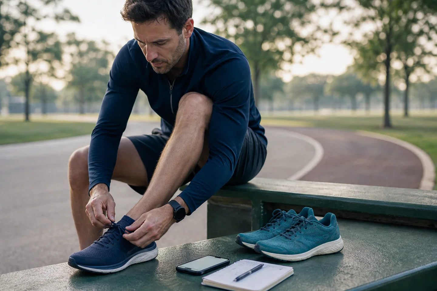 Runner changing between two shoe pairs beside a flat route while logging the response
