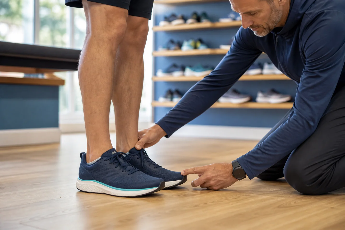 Running shoe fit check for toe room, heel hold, and lace security