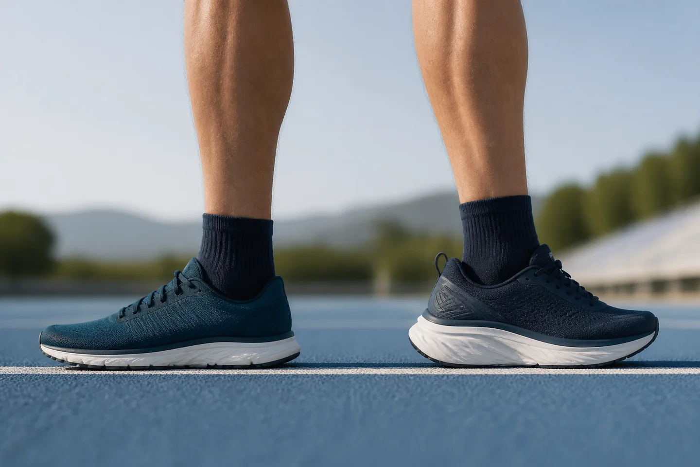 Side-profile comparison of lower-drop and higher-drop unbranded running shoes