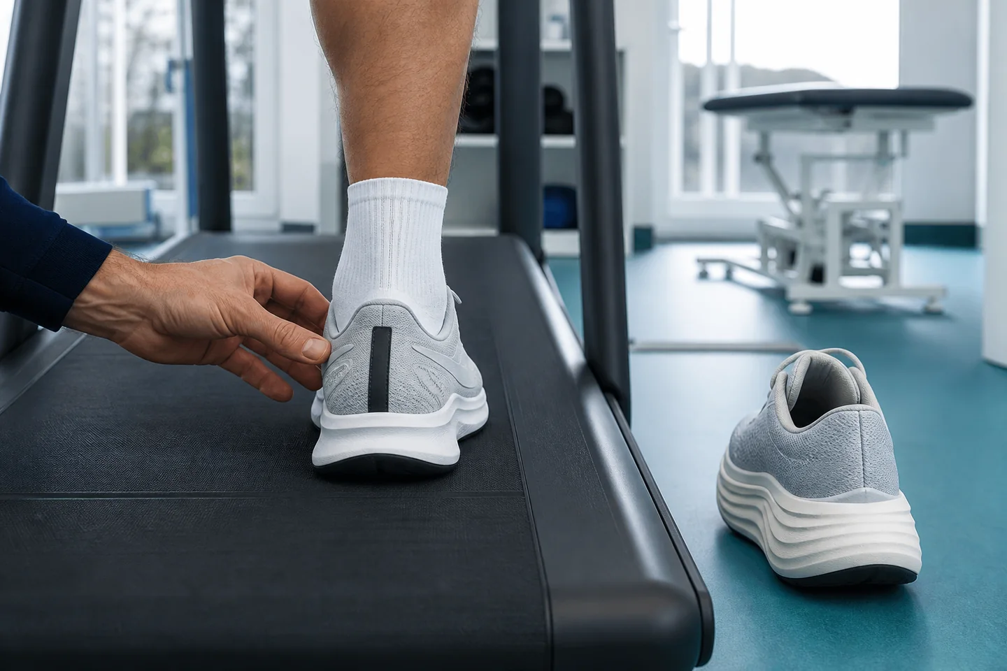 Runner testing heel security and platform stability on a stationary treadmill