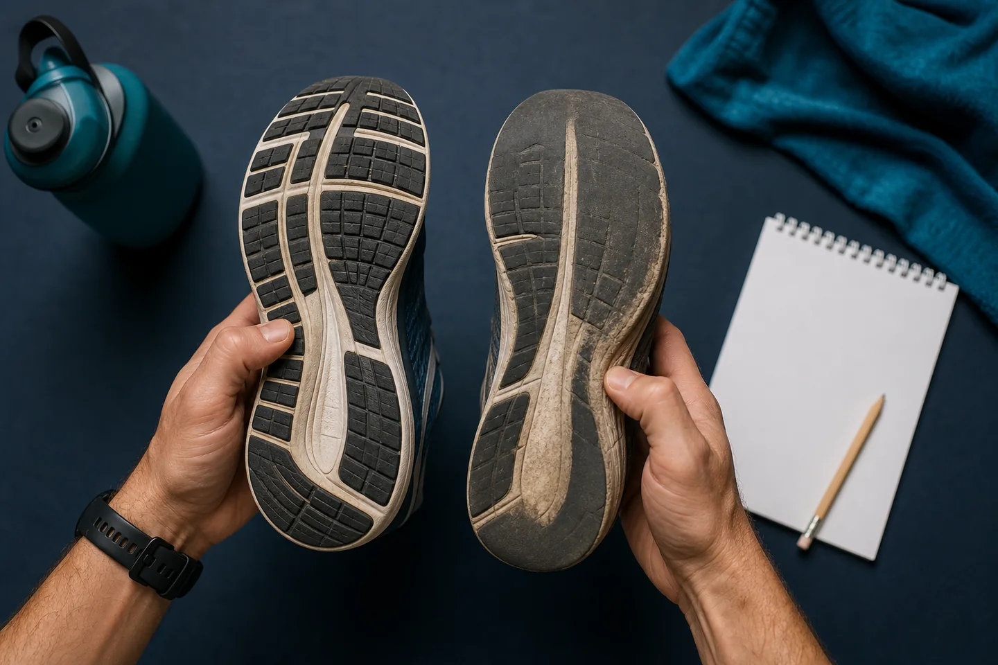 Comparison of even running shoe tread and a worn asymmetrical outsole