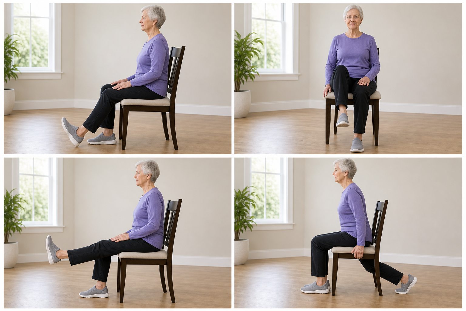 Four-panel chair routine showing ankle pumps, seated marching, seated knee extension and a heel slide