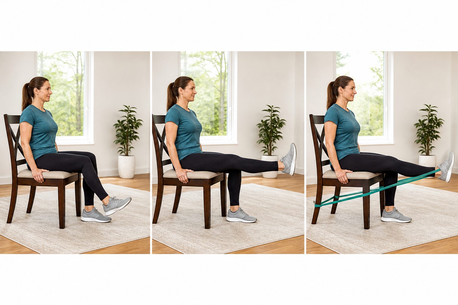 Three-stage seated knee extension progression from a small supported range to full control and then a light resistance band
