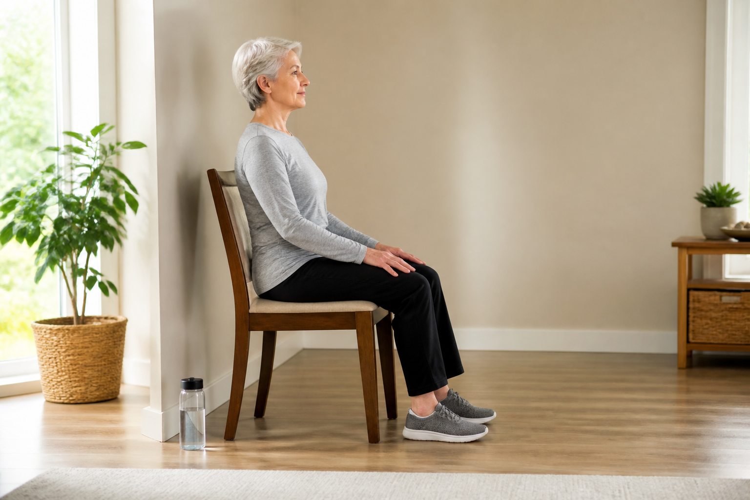 Older adult sitting upright on a stable armless chair placed on a clear non-slip floor against a wall