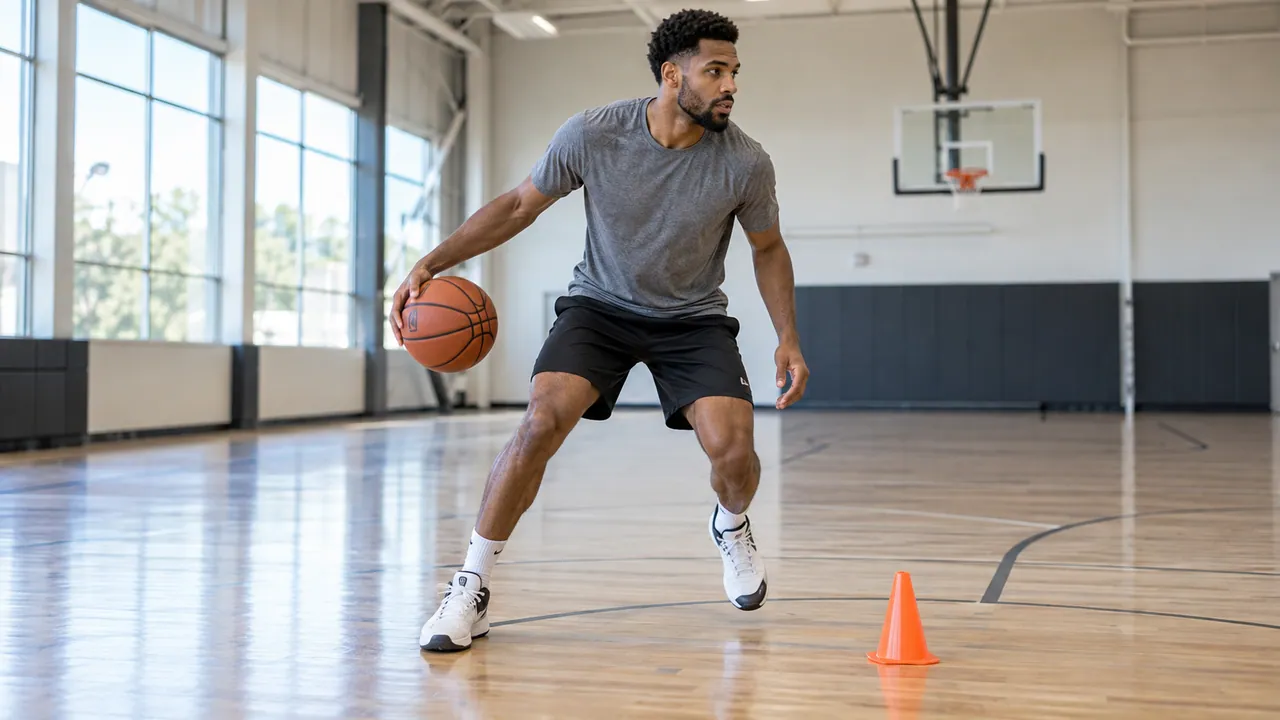 Player testing basketball shoes with a controlled dribble around a cone on a clear indoor court