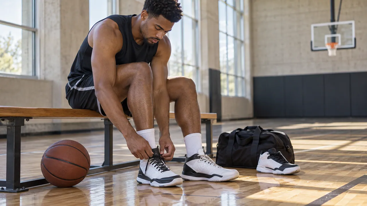 Basketball player adjusting laces while comparing the fit of court shoes on a bench