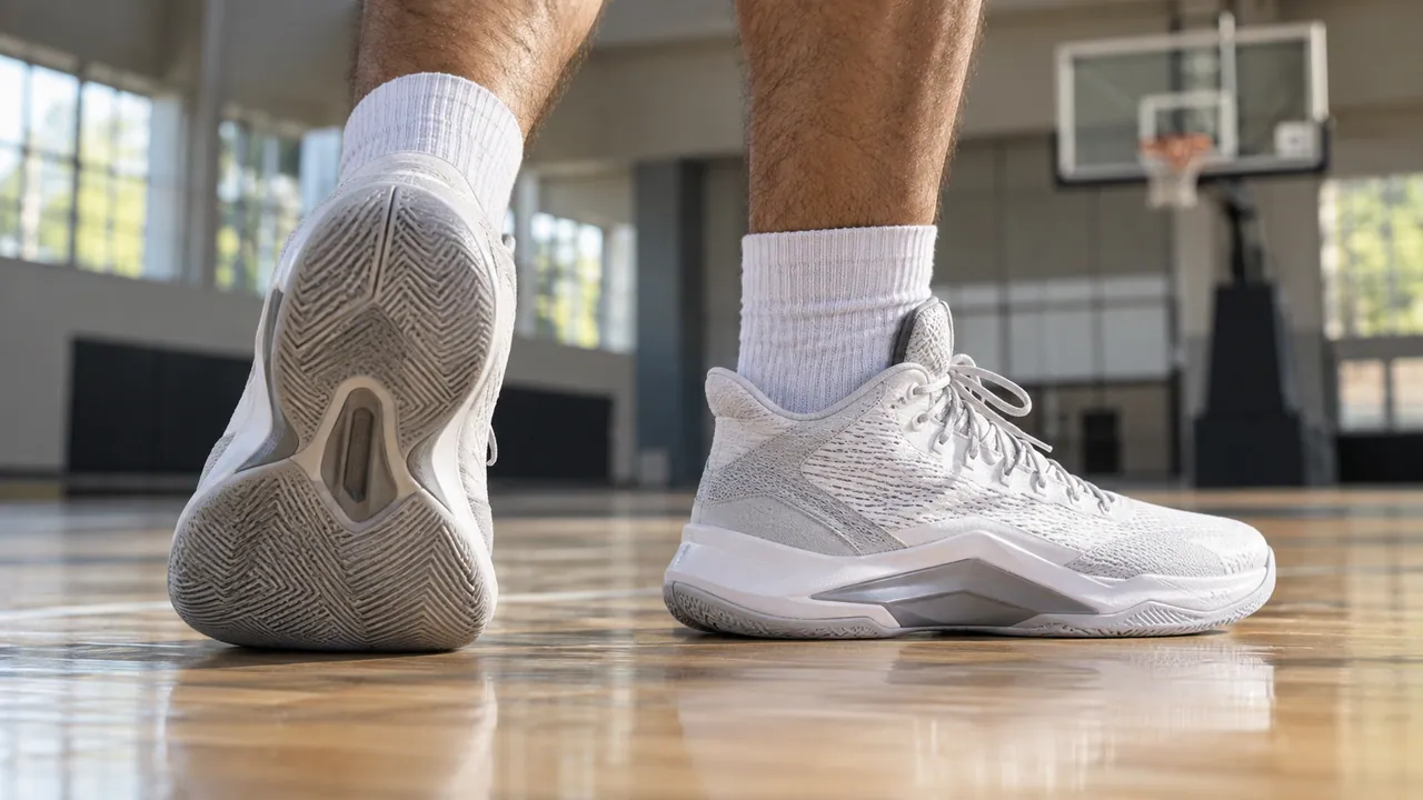 Close view of basketball shoe tread and side profile on an indoor wooden court