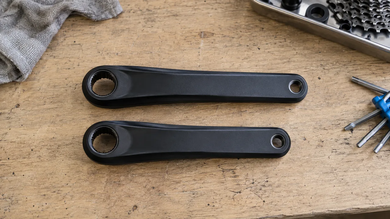 Two unbranded bicycle crank arms of different lengths on a workshop surface