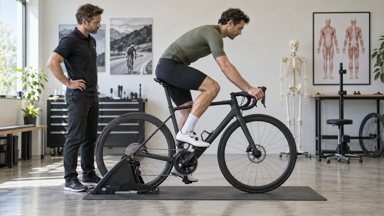 Cyclist and bike fitter reviewing leg position on an indoor fitting setup