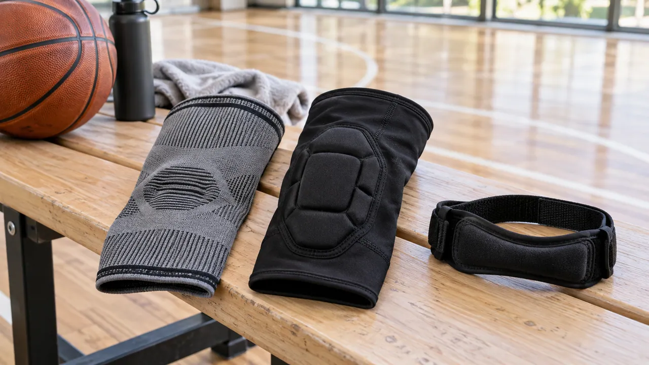 Plain compression sleeve, padded knee sleeve and narrow tendon strap shown side by side on a basketball bench