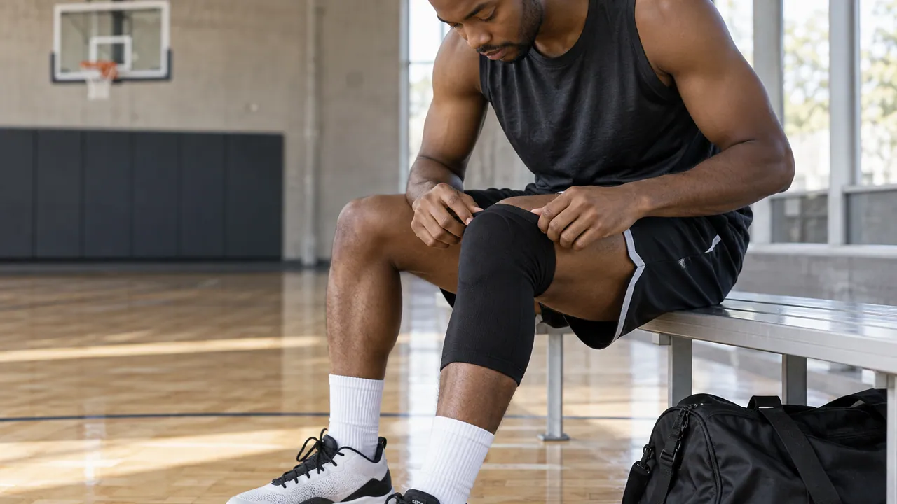 Basketball player adjusting the upper edge of a plain black knee sleeve while seated courtside