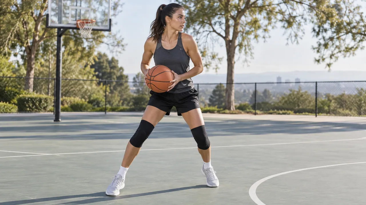 Basketball player wearing a knee sleeve while practicing a controlled defensive stance on an indoor court