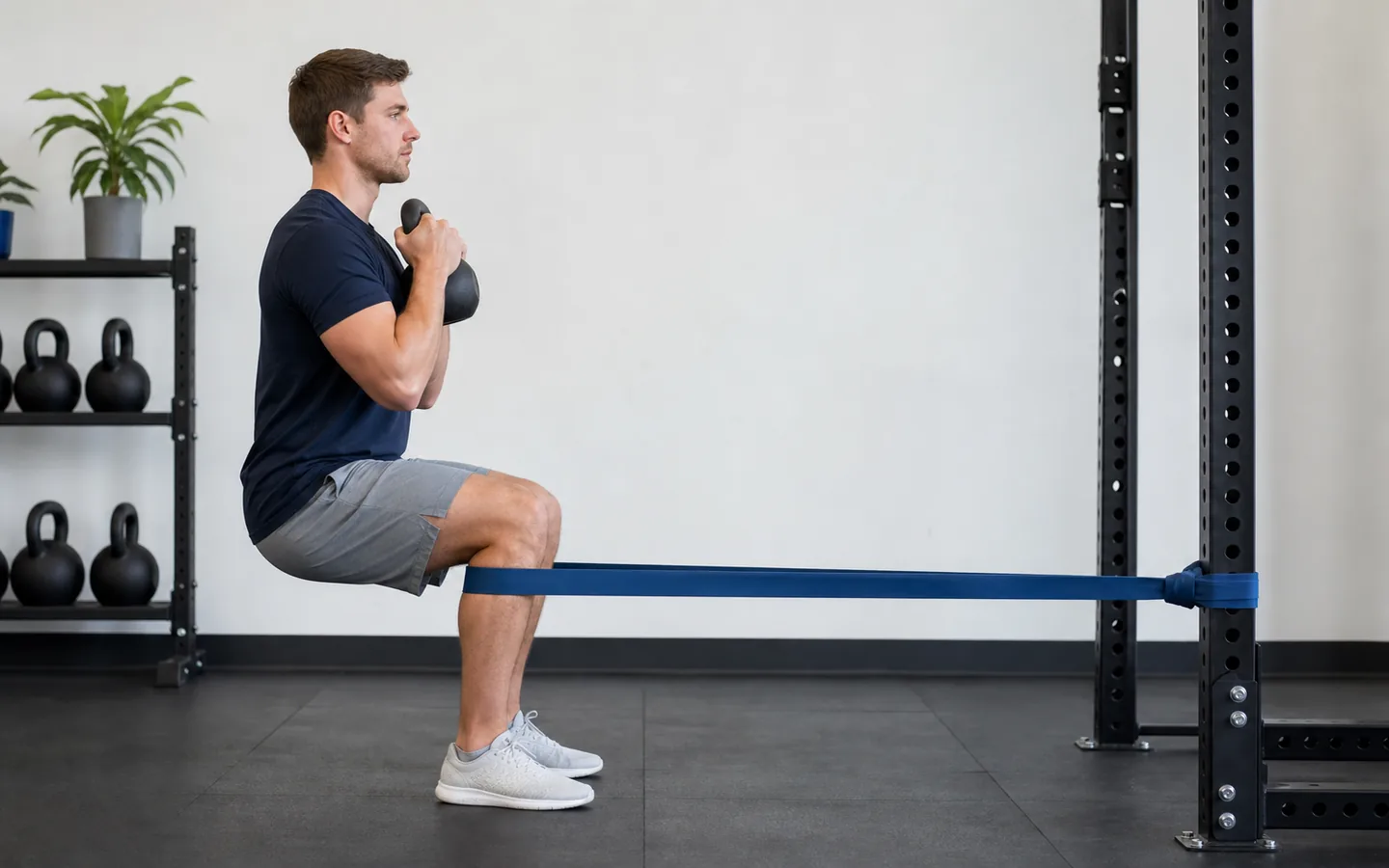 Athlete performing a Spanish squat with a light kettlebell after establishing secure bodyweight form
